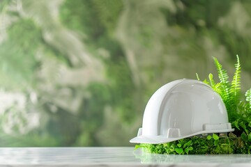 White Construction Helmet on Green Background with Plants and Moss