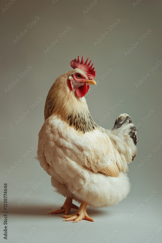 Poster A close-up shot of a white chicken with a distinctive red comb on its head