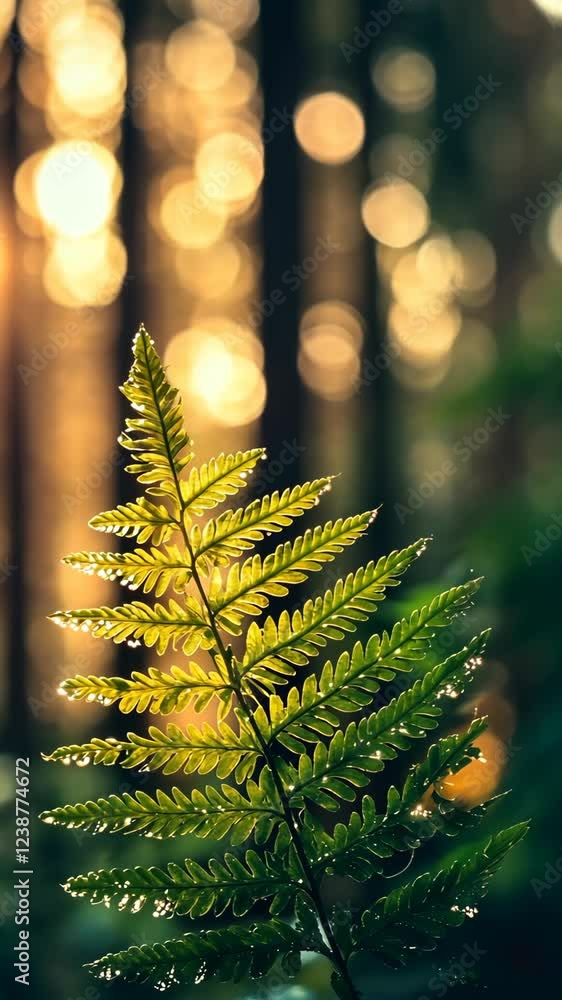 Poster bright green fern illuminated by golden sunlight filters through trees in a serene forest setting