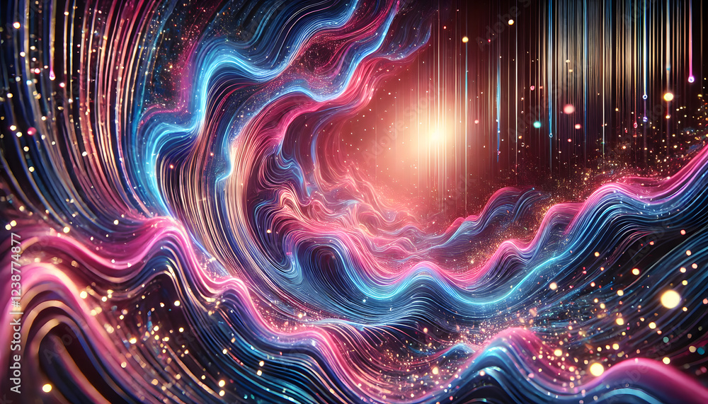 Poster a dynamic wave-like pattern of vibrant neon lights in pink and blue hues, highlighted by glowing par