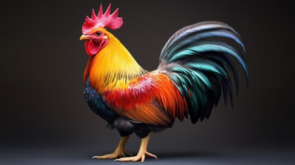 Fototapeta premium Vibrant multi-colored rooster standing proudly on dark background
