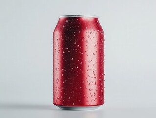 sleek aluminum soda can with condensation droplets catching light, dynamic red design floating in pure white space