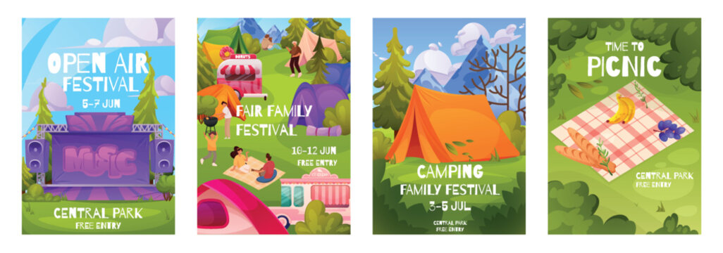Picnic poster. Camp park outdoor concert, food and music summer party background, eco street fest. Invitation banner on festival. Tent in forest. Vector cartoon flat isolated illustration set