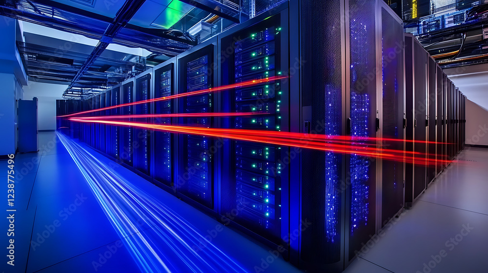Poster a high-tech server room featuring rows of dark cabinets illuminated by vibrant blue and red lights, 