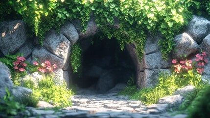Enchanting forest cave entrance with vines and blossoming flowers in sunlit setting