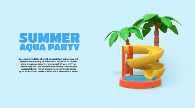 3d water slide. Amusement park. Summer aqua party or resort with tube attraction. Swimming pool. Waterpark playground. Waterslide and palms. Children render objects. Vector cartoon banner