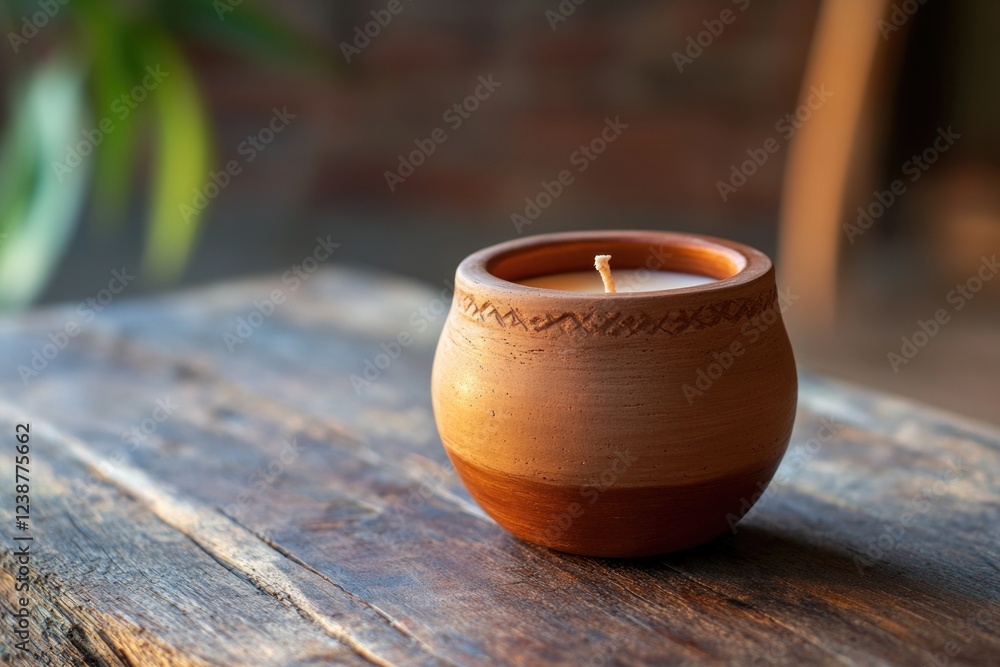 Poster a simple wooden table with a single candle on top