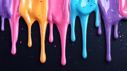 Naklejka premium Colorful paint drips in vibrant neon hues on dark surface