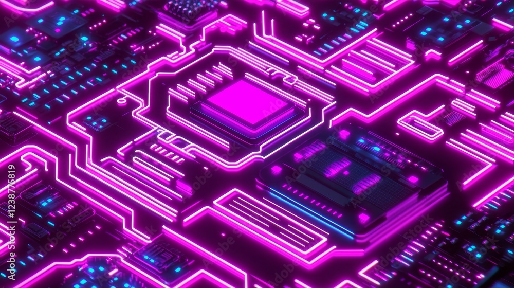Poster neon circuit board with complex overlaying patterns in vibrant colors