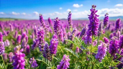 Fototapeta premium A field of Mongolian milkvetch plants with vibrant purple flowers and green leaves swaying gently in the breeze on a sunny day , botanical, leaves