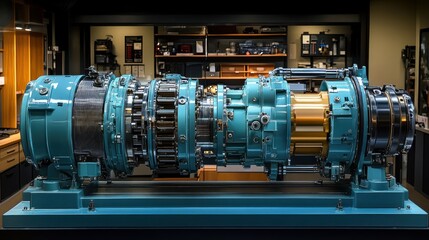 Teal industrial machinery on display.