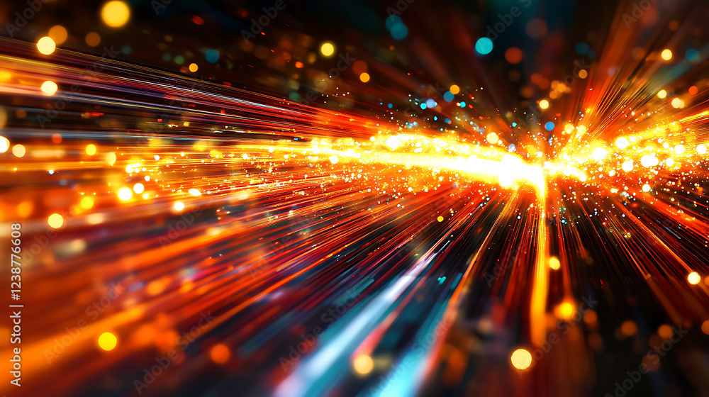 Poster a vibrant explosion of light and color radiates in dynamic streaks, creating a sense of motion and e