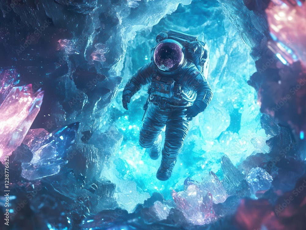 Canvas Prints surreal digital artwork of astronaut floating through crystal geode cave in space, surrounded by bio