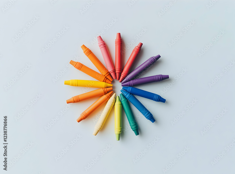 Poster rainbow crayons arranged in a circular pattern on a light blue background