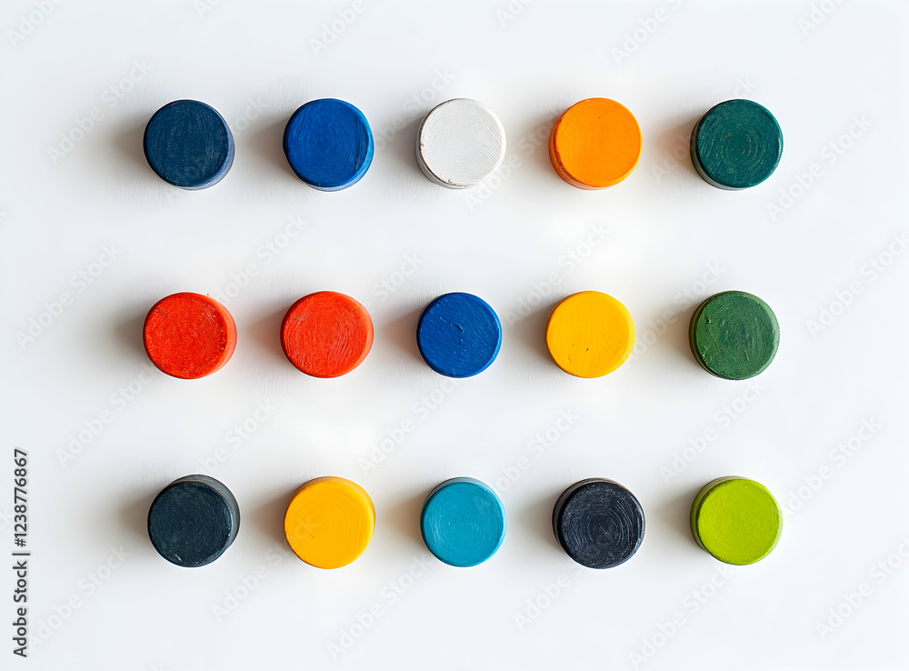 Poster colorful circular objects arranged in a grid pattern on a white background