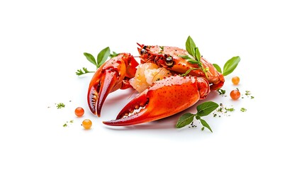 Fresh Seafood Display with Vibrant Red Lobster Claws and Garnishes on White Background Claw diet gourmet