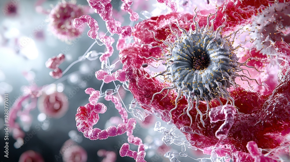 Poster exploring the lifecycle of cells microbial world scientific illustration digital art close-up view b