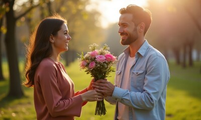 Man holds bouquet of tulips flowers for pretty smiling woman. Concept of womens day or holiday