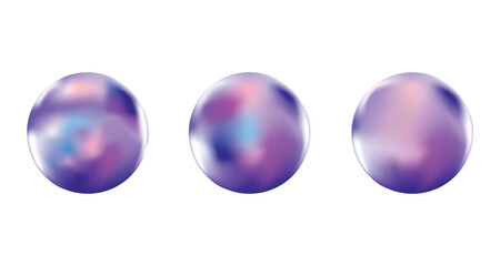 Abstract soft neon color sphere.  Realistic 3d holographic sphere set. Vector glossy gradient balls collection.  3d holographic primutive shape.