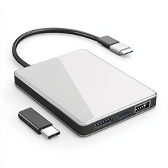 Portable external hard drive with USB-C cable, isolated on white background