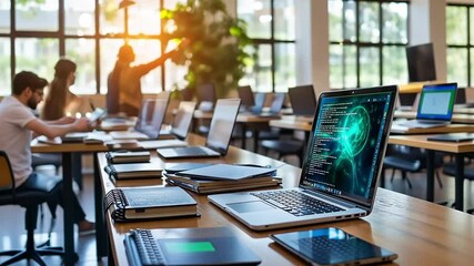 A modern classroom with a laptop on a wooden desk showing a green chromakey screen, digital textbooks and physical notebooks scattered around, a blurred teacher silhouette pointing at a large screen