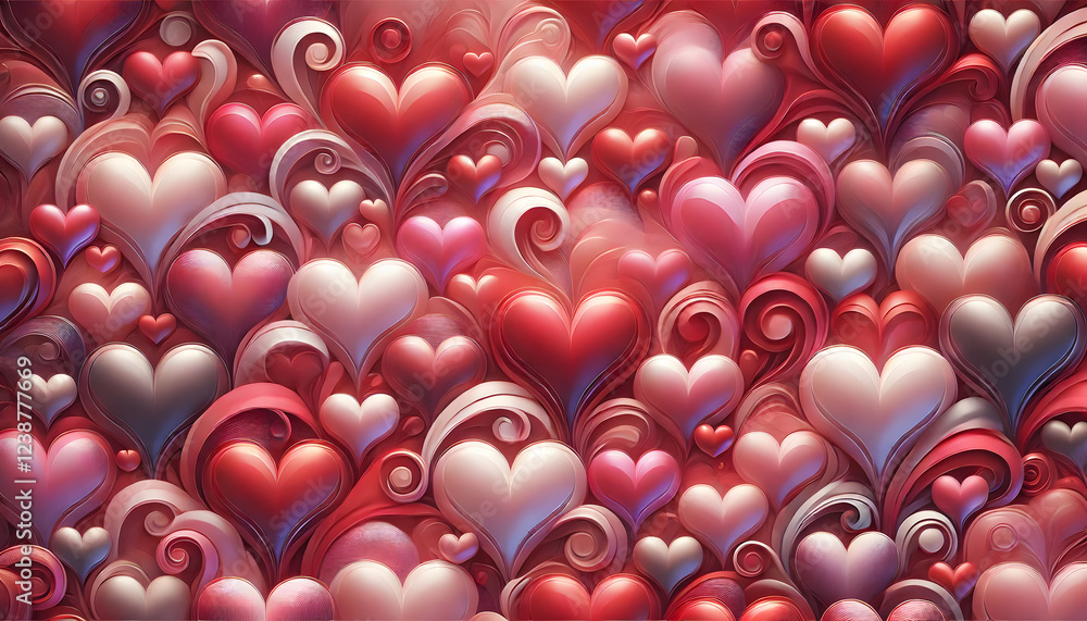 Poster a decorative collection of intricate red and pink heart patterns with swirling designs, creating a r