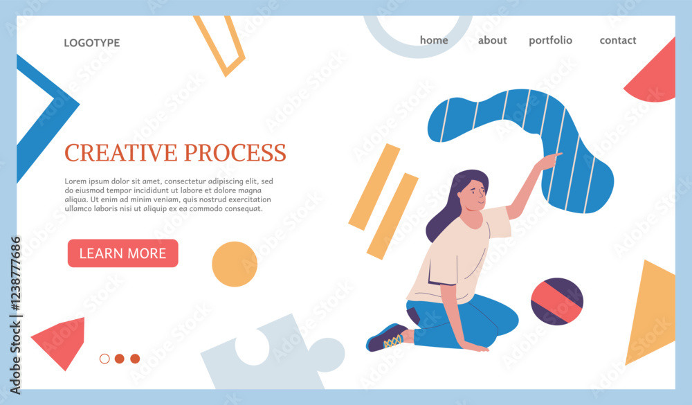 Poster creative idea process. web banner. landing page template. woman on abstract geometric background. cr