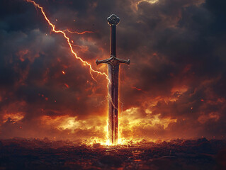 a sword standing upright in a fiery, stormy landscape, with lightning striking in the background and rain falling.