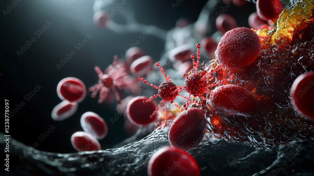Poster Close-up action of plasmodium merozoite within red blood cells laboratory setting scientific visualization macro perspective