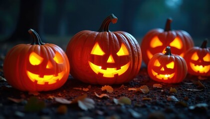 A ring of glowing jack o lanterns shines on the dark ground, , pumpkins