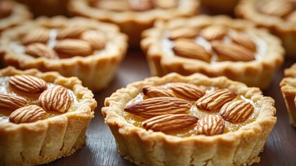 Small baked goods topped with sliced almonds, ideal for use in food-related photography or graphic design