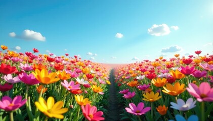 Obraz premium A sea of colorful flowers stretching towards the clear blue sky, flowers, blossoms