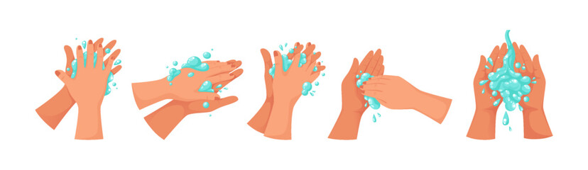 Hand wash. Clean arms with soap foam. Kid personal hygiene. Girl rubbing wet palms. Cartoon boy cleaning fingers skin. Child nails care with water or shampoo. Vector toilet routine