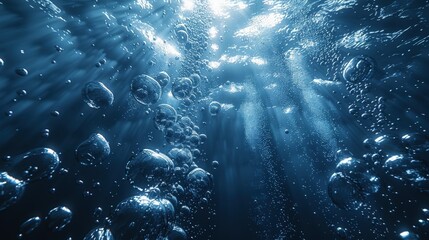 Underwater Scene with Bubbles Rising to Surface Through Blue Ocean Waters with Sunlight Streaming Through Creating Mystical Atmosphereocean