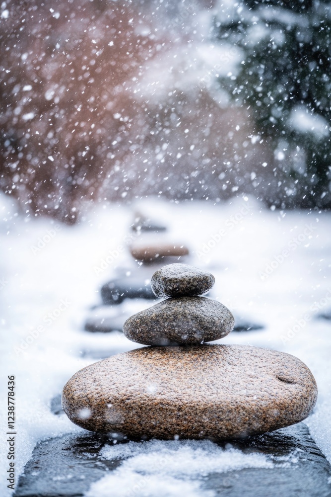 Poster a stack of rocks in the snow, ideal for winter or nature-themed projects