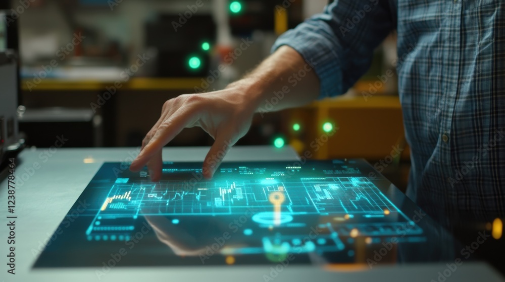 Poster in a modern factory setting, an engineer interacts with a futuristic interactive touchscreen table, 