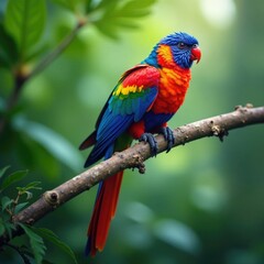 Obraz premium Colourful feathers and leaves on a tropical tree branch, branch, leafy branch