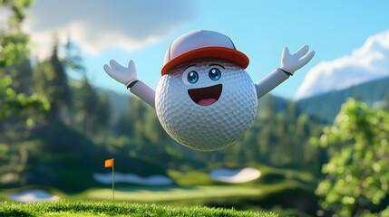 Cheerful Animated Golf Ball Character with Arms Spread in Mid-Air Flight