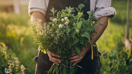Fototapeta premium A bouquet of freshly picked herbs being bundled by a farmer.
