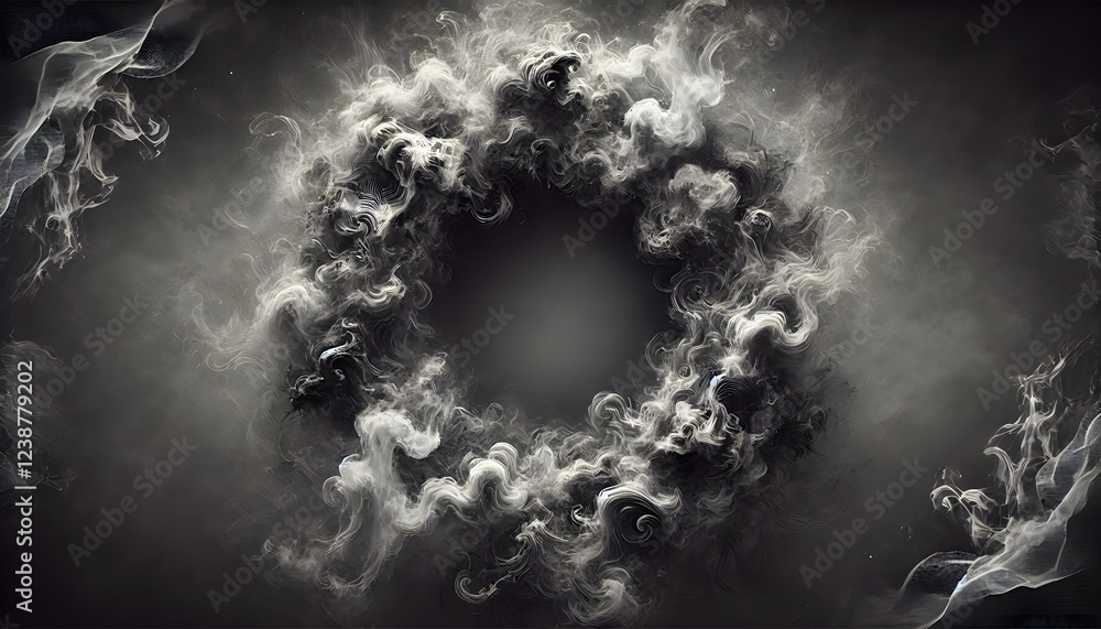 Poster a dramatic abstract design with swirling smoke forming a circular pattern against a dark background,
