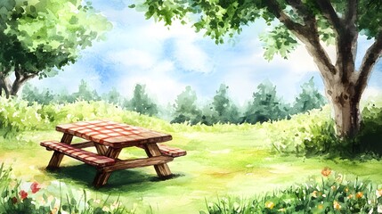 Naklejka premium Watercolor Painting of a Picnic Table in a Sunny Park