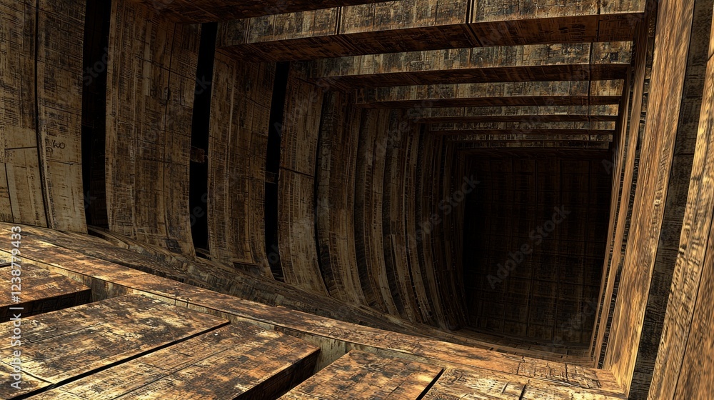 Poster abstract vortex of information flowing around a wooden structure in depth