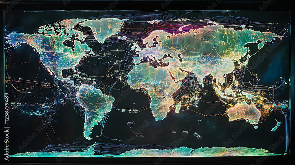 Poster a colorful, abstract map of the world, showcasing various continents and regions with vibrant hues a