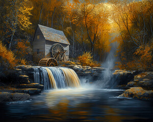 Fototapeta premium Old watermill with river,AI art