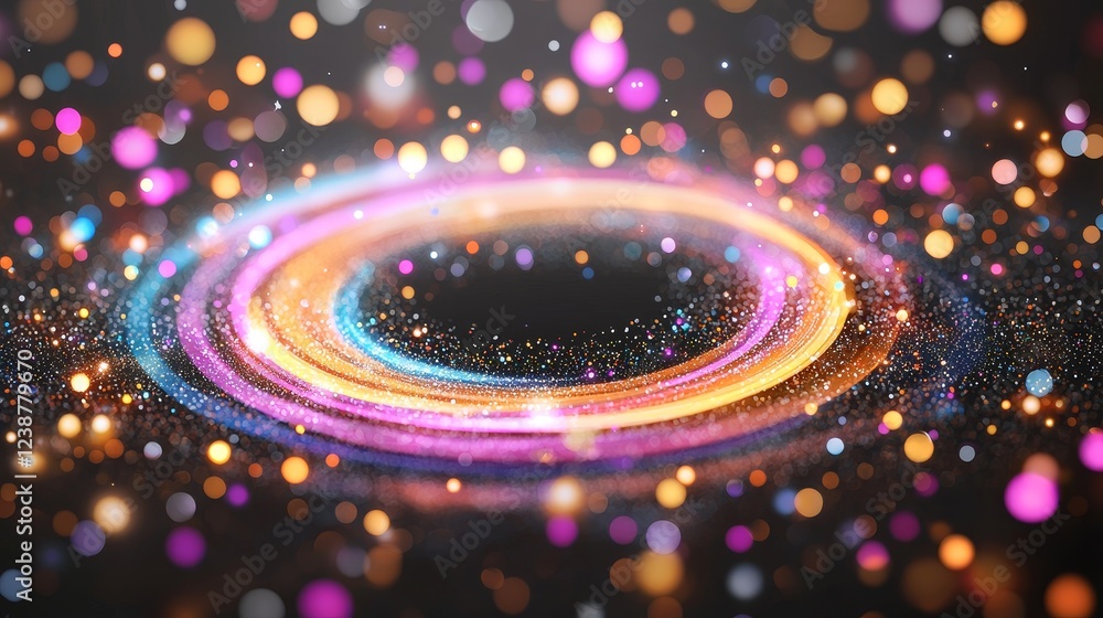Poster whirling particles in colorful circles creating dynamic intersection effects