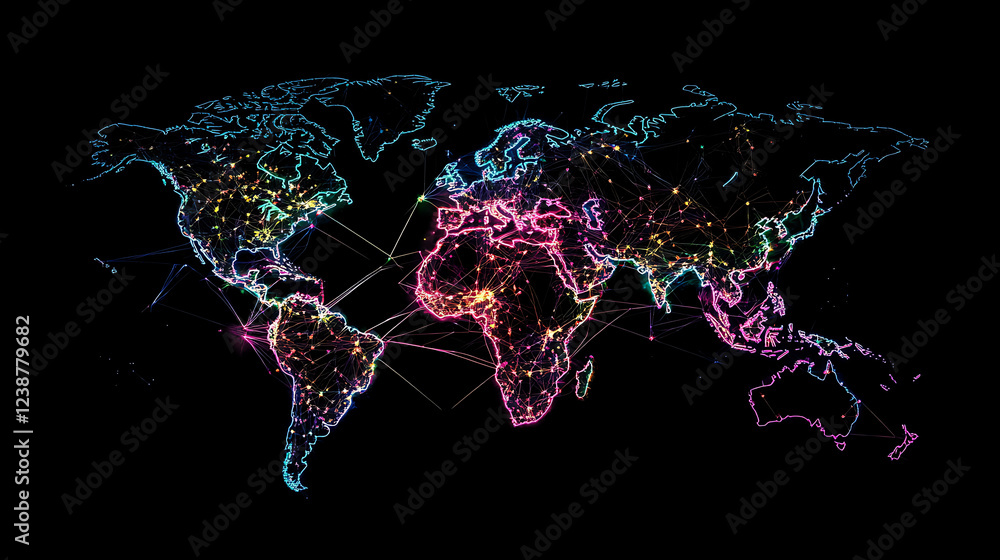 Poster a colorful, abstract representation of a world map featuring illuminated connections across continen