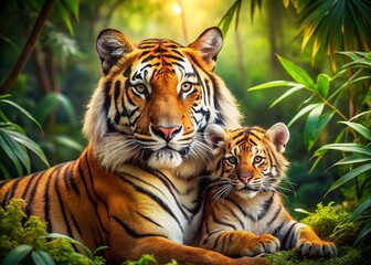 Obraz premium Endangered Bengal Tiger Mother & Cub Tender Moment in Lush Jungle Habitat