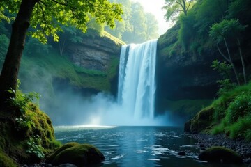 mist rises from the base of the waterfall amidst lush foliage, nature, atmospheric
