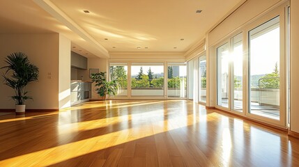 Obraz premium Sunlit spacious living room with large windows and wooden floor overlooking outdoor balcony