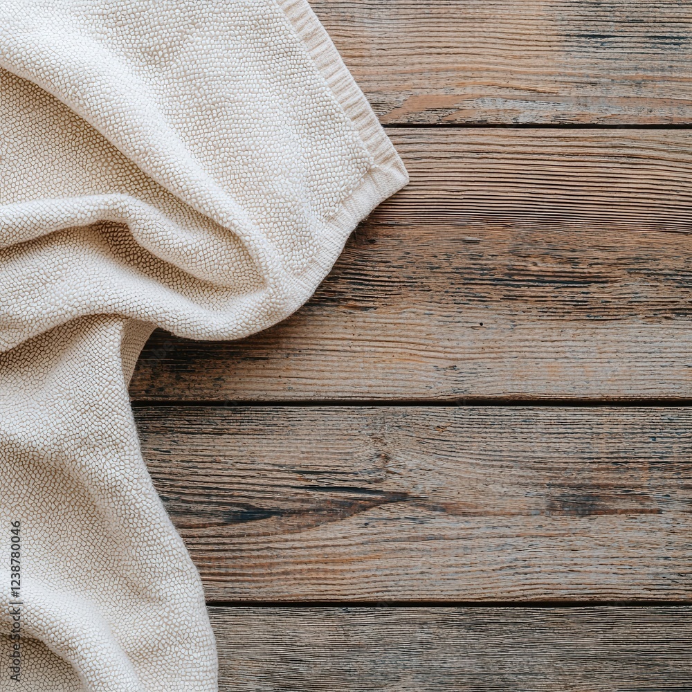 Poster a soft, beige fabric drapes over rustic wooden planks, creating a cozy and inviting atmosphere.